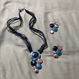 Blue and Silver Enamel Pendant Necklace and Earring Set